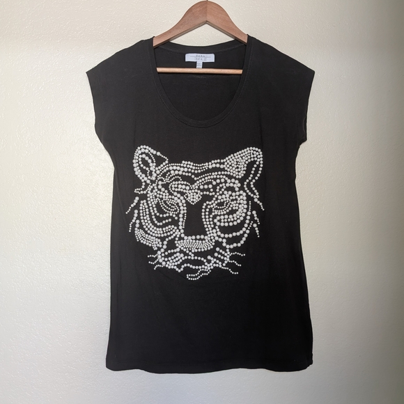 Zara Black Tee with Beaded Tiger Design - Picture 1 of 7